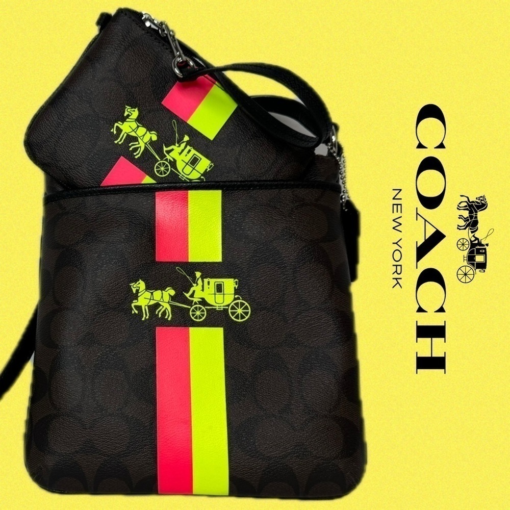 Coach Heritage Stripe Neon Horse And Carriage Crossbody File Bag F52705